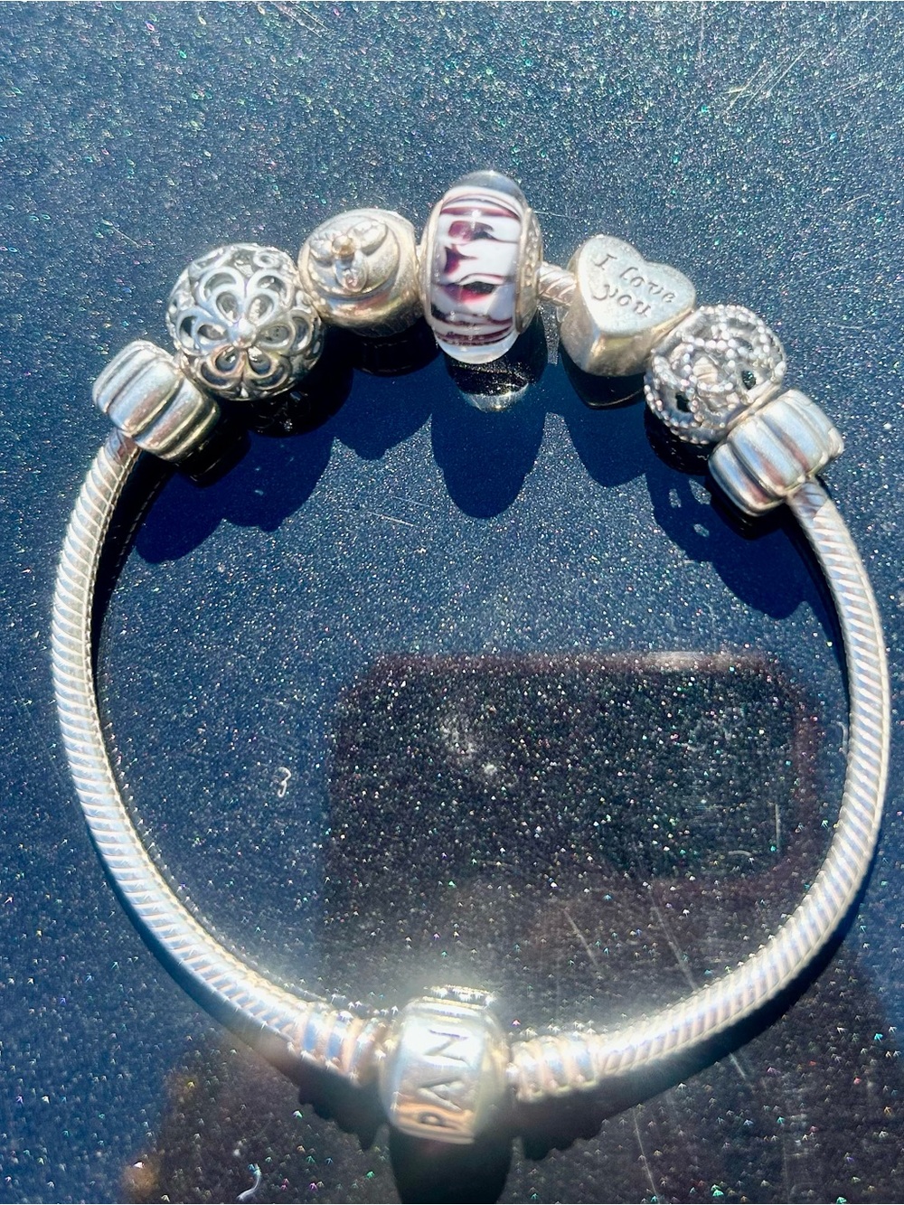 Sterling Silver Charm Bracelet with Purple -White Glass Bead